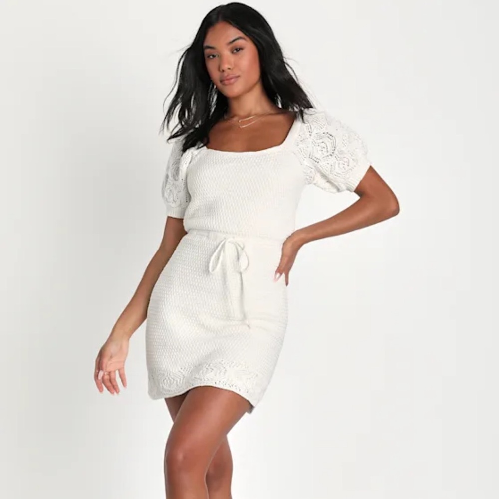 Lulu's Sweet Memory White Crochet Puff Sleeve Mini Sweater Dress